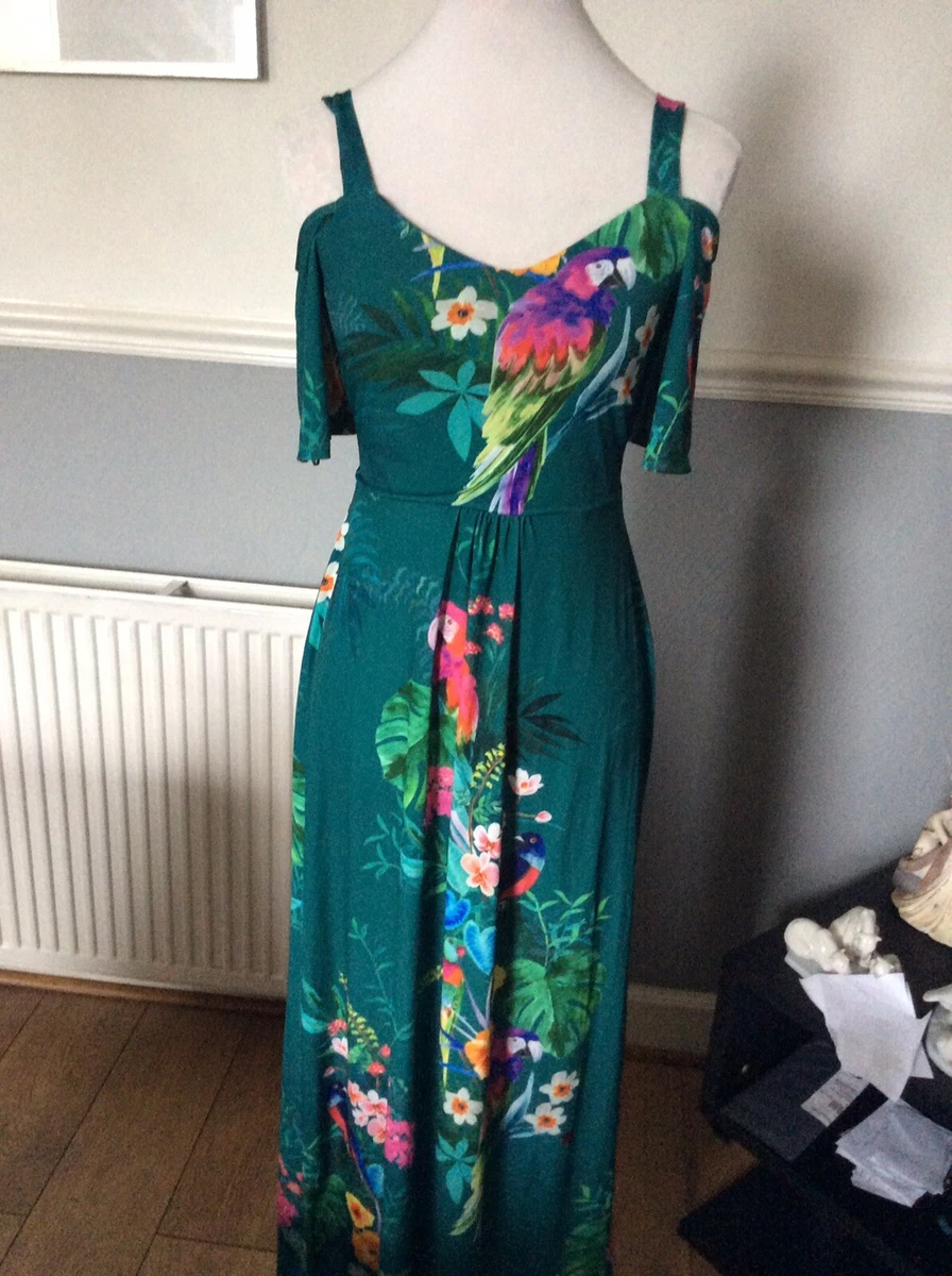 MONSOON NOLA GREEN TROPICAL PARROT OFF SHOULDER MAXI DRESS 8 Euro