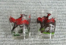Two Vintage 1960s Ring Necked Pheasants Red Brown Green Clear Liquor Shot Glass