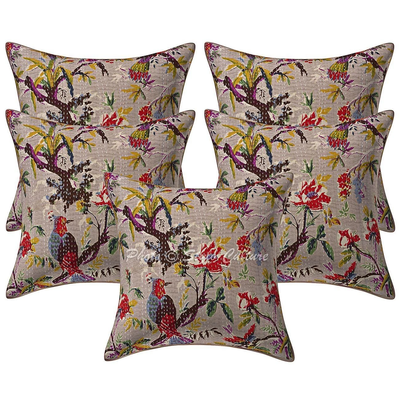 Bohemian Cotton Throw Pillow Covers Kantha Beige Bird Home Decor Cushion Cover