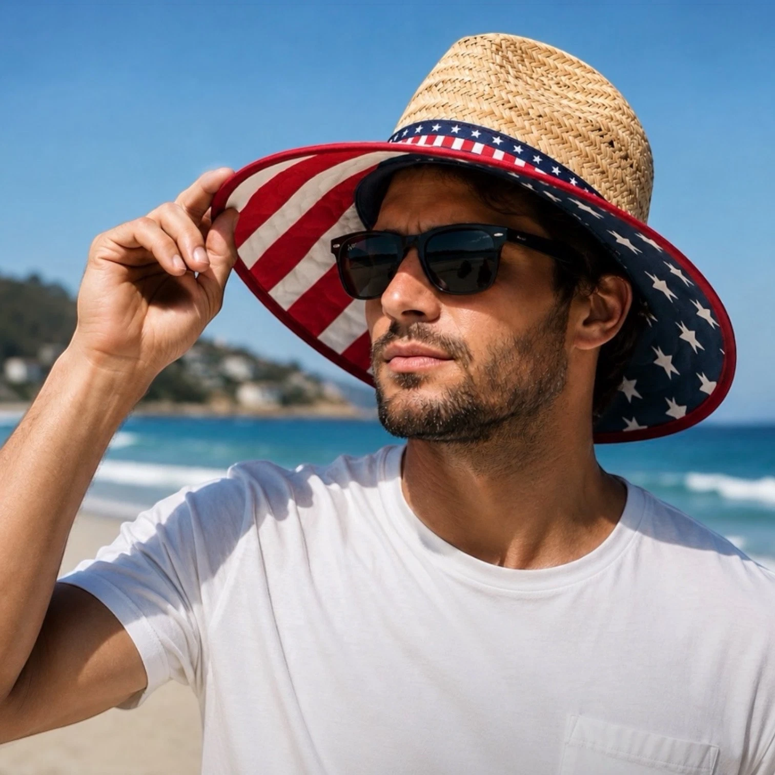 MAD Engine USA Flag Straw Lifeguard Hat Wide Brim Patriotic Sun Beach Fishing OS