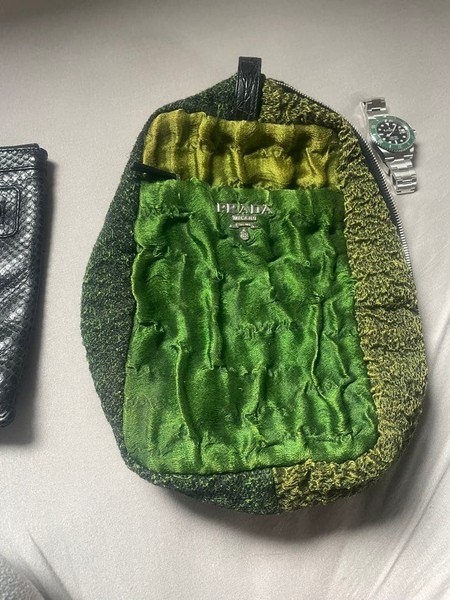 PRADA BP0158 Green Silk Wool Patchwork Clutch Hand Bag Crocodile Handle Italy