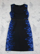 EUC ELIE TAHARI black blue digital Beverly lamb leather 100% silk sheath dress 4