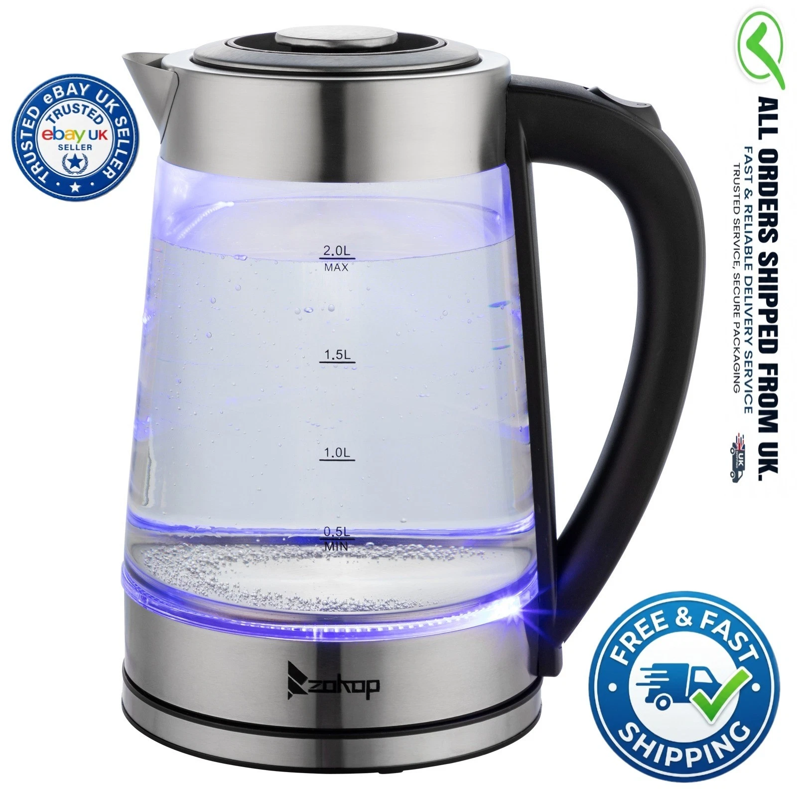 HD-250 2L LED Glass Kettle 2000W Auto Shut-Off UK Plug