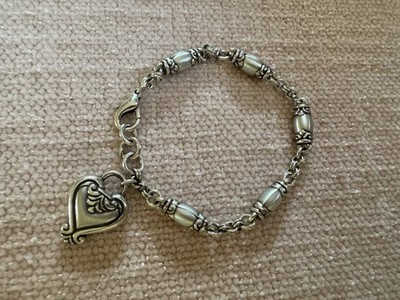 Retired Brighton Blair Heart Barrel Link Silver Plate Charm Bracelet 7''