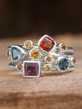 Silver Stackable Gemstone Ring Set With Blue Red Purple Stones Size 5 6 7 8 9