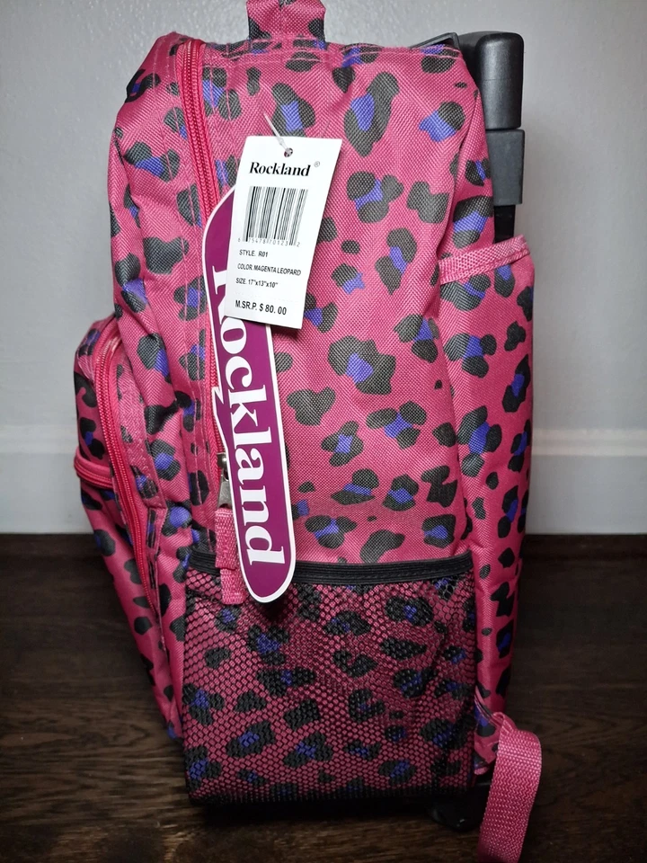 Nueva Mochila Rodante Rockland Doble Mango Magenta Leopardo 17"x13"x10" Nueva con Etiquetas  Foto 3 de 4
