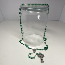Green Glass Bead Rosary with Celtic   Metal Cross. Pray for Us. 