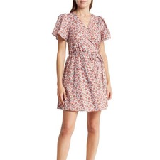 Madewell Fiore Floral Short Sleeve Cotton Wrap Dress Blue Orange XS
