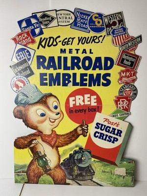 1950's Post Sugar Crisp Cereal Box STORE DISPLAY w/ Railroad Emblems  28  Diecut