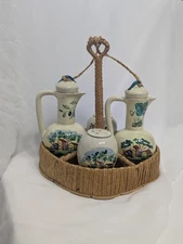 Vintage Italian Cruet  Oil /Vinager & Salt / Pepper Set In Wicker Tray