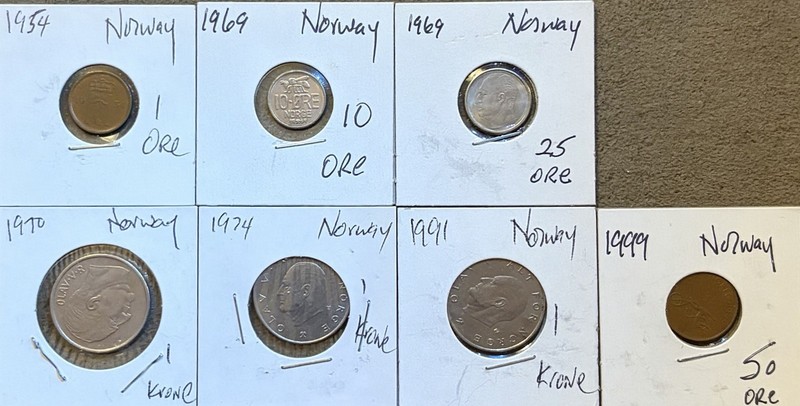 Norway Coin Lot 1934-1999: 1/10/25/50 Øre & 1 Krone, Copper/Cu-Ni KM