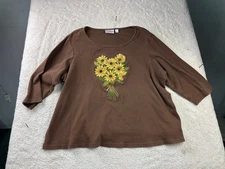 Quacker Factory Women's Brown 2X Cotton Top Sunflower Embroidered