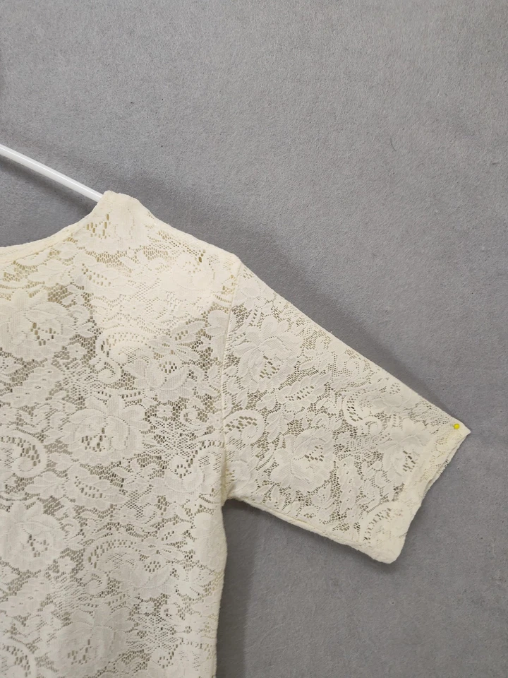 Kenar 衬衫女式中号奶油色蕾丝花卉透明短袖上衣美国制造 — 第 3/4 张图片