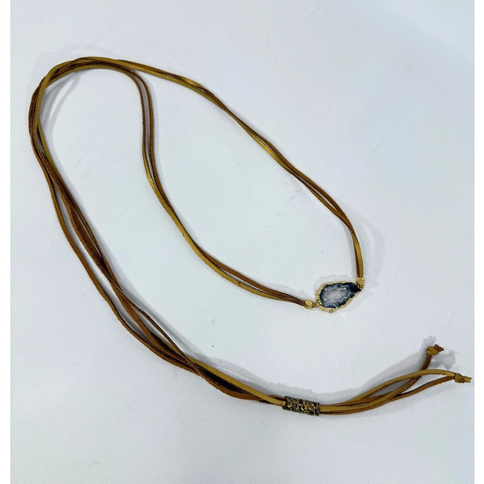 Druzy Agate Boho Layered Necklace Gold Tone Long Adjustable Statement - Image 3 of 4