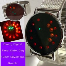 40mm BINARY Time, Date, Day Silvertone Mesh Strap Digital Quartz Watch