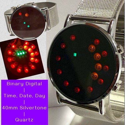 40mm BINARY Time, Date, Day | Silvertone Mesh Strap | Digital Quartz Watch