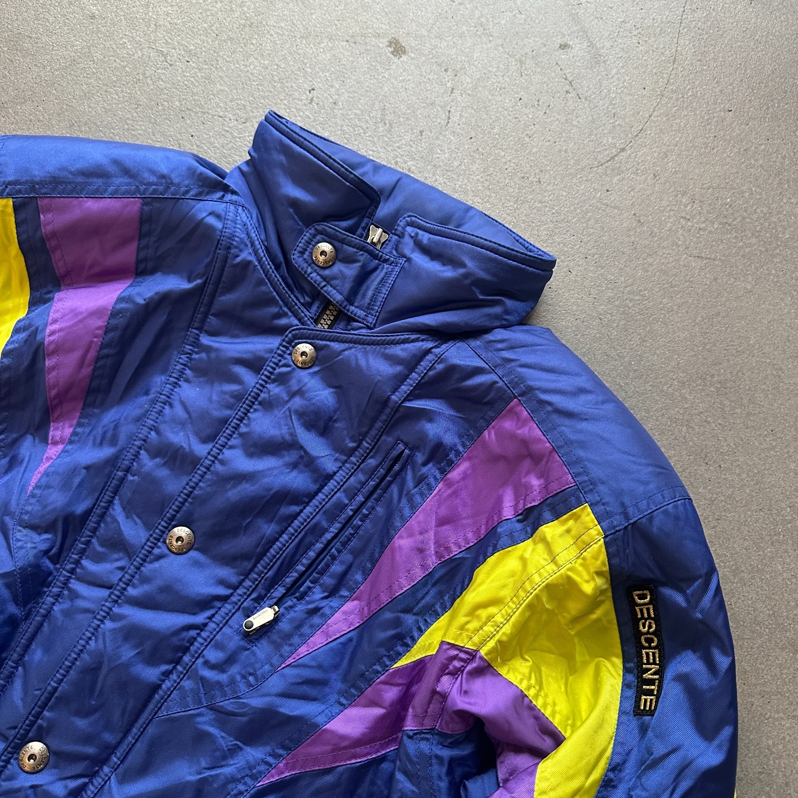 Vintage Descente Ski Jacket Retro Mens M Blue Purple Yellow 90s Colorblock Hood