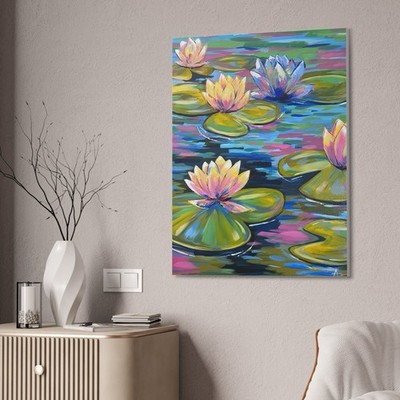 Impressionist Acrylic Painting of Water Lilies on Canvas, Floral Art, 24x30 