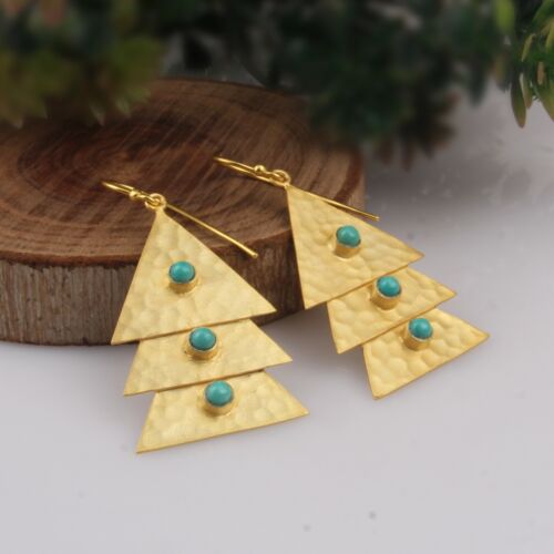 Handmade Hammered Turquoise Earring 18k Gold Plated Triangle Tree Earrings - Picture 3 of 6