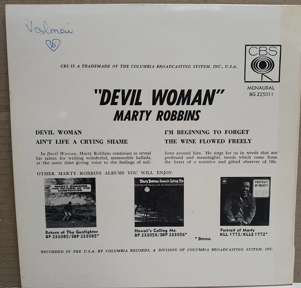 CBS Records Australia 45 Vinilo 7" EP Marty Robbins - Devil Woman c1963 Country Foto 2 de 4