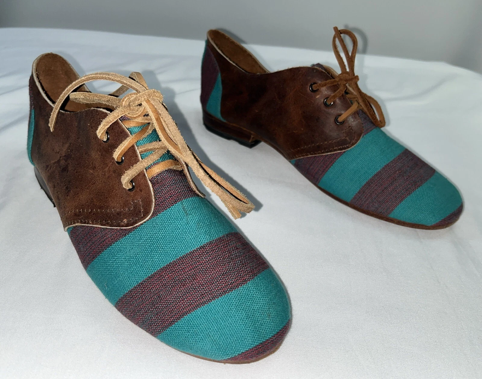 Osborn Handcrafted Shoes Teal Brown Leather Fabric Lace Up Shoes Size 7.5