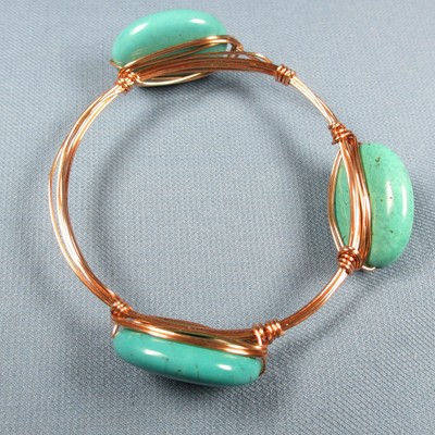 Copper Wire and Turquoise Color Dyed Howlite Stone Bracelet  8 inch
