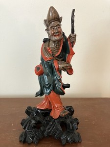 Vintage Chinese Immortal Wood Polychrome God Of Longevity w fan Statue 9.5”
