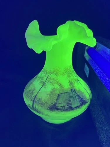 Fenton New Handpainted Log Cabin Ruffled Rim Vase & Signed by Artist