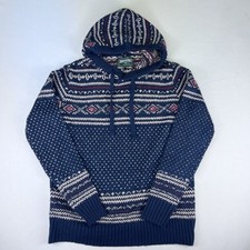 American Eagle Men  s Size Medium Knit Sweater Hoodie Navy Blue Top Hooded Pocket