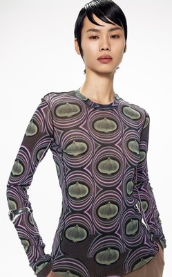 JNBY women size XL Slim Fit Onion Print Long Sleeve T-shirt purple stretch mesh
