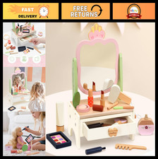 Wooden Vanity Playset for Kids - Pretend Makeup Toy Beauty Salon Kit, 19Pcs Acce