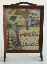 Antique Arts & Crafts Oak Firescreen w/ Needlepoint Tapestry Panel