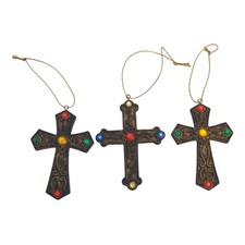 Lot of 3 VTG Antiqued Gold Tone Cross Jeweled Christmas Ornament 3.5"  b