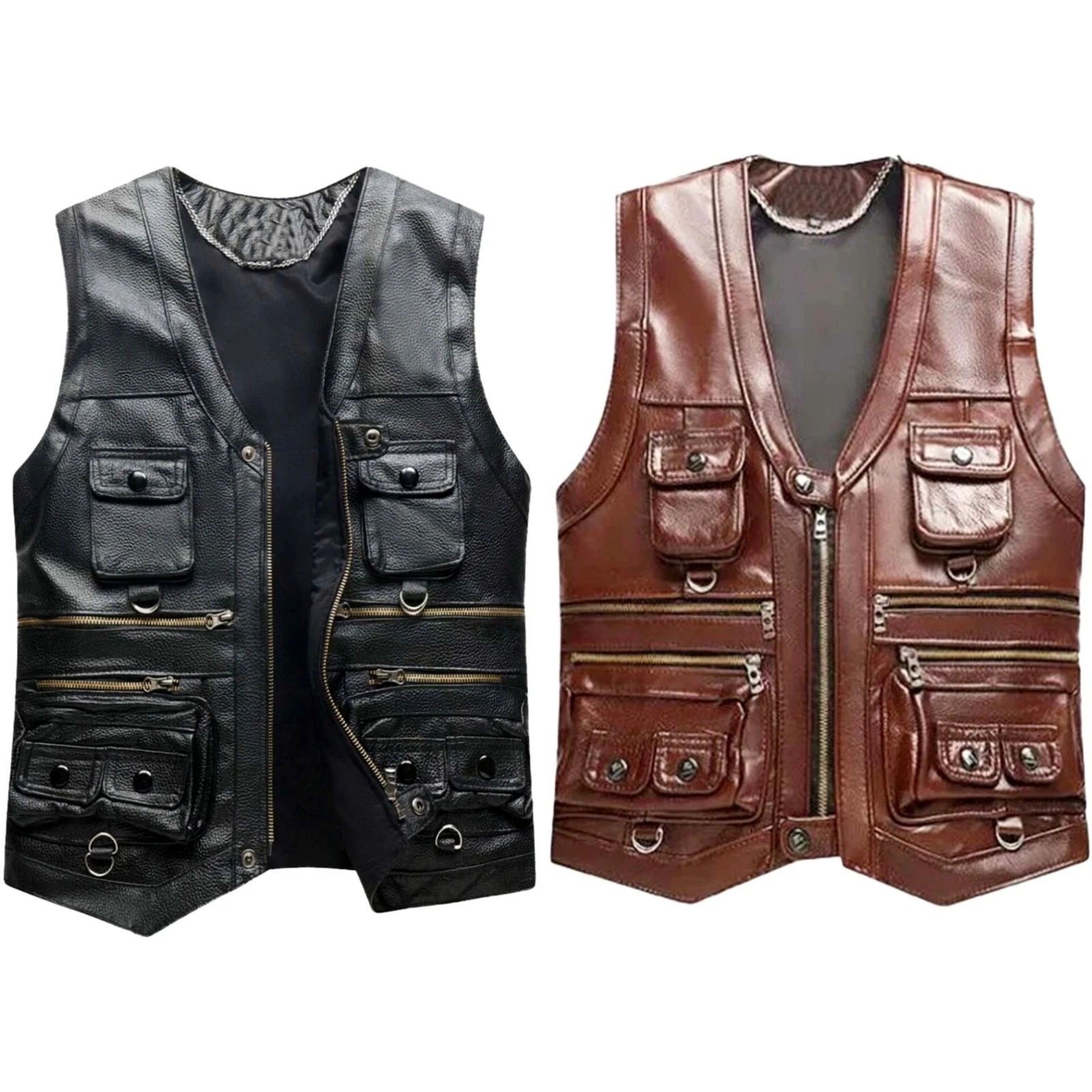 Men's Black and Brown Genuine Leather Motorcycle Biker Multi pocket Cargo Vest