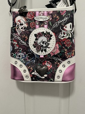 Ed Hardy Crossbody Rhinestone Skull Flowers Charm Black Lavender Y2K Design NWT