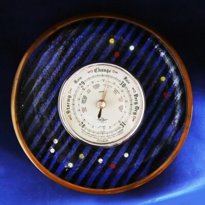 Seltener Mid Century 60er Atomnebel Space Age Design Emaille auf Kupferbarometer