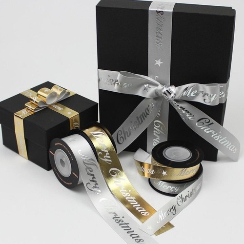 5M Merry Christmas Gift Wrapping Ribbons Gold Silver 16mm Christmas Ribbon - Bild 3 von 10