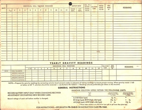 1958 THOMAS A. EDISON STORAGE BATTERY COMPANY unused maintenance record log card - Afbeelding 2 van 2