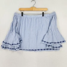 Lucky Brand Shirt Womens Large Blue Off Shoulder Bell Sleeve Embroidered Boho