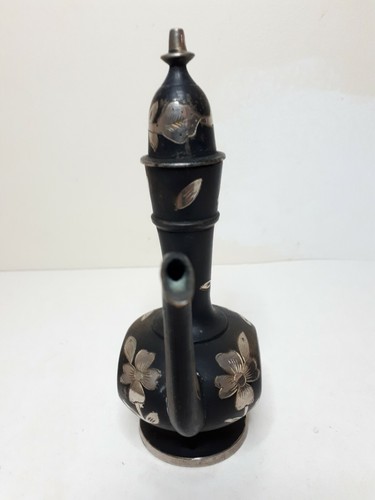 Vintage Indian Pewter Brass Ewer Jug Pot Pitcher Lid Black Floral Pattern - Picture 2 of 6