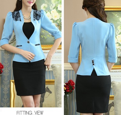 Elegante Tailleur completo donna azzurro nero giacca manica corta gonna  7074 | eBay