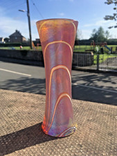 STUNNING VINTAGE IRIDESCENT LAUGHARNE STUDIO GLASS ORANGE PURPLE STRIPED VASE