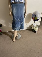Blue Denim Cotton lace beaded Ruffle Boho vintage Size L 8-10 Maxi skirt 3262
