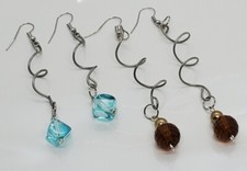 Art Glass Swirl Pierced Earrings Blue & Brown Dangle Handmade Design Lot of Two