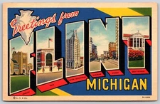 Postcard Greetings from Flint Michigan large letter linen 1940 O124