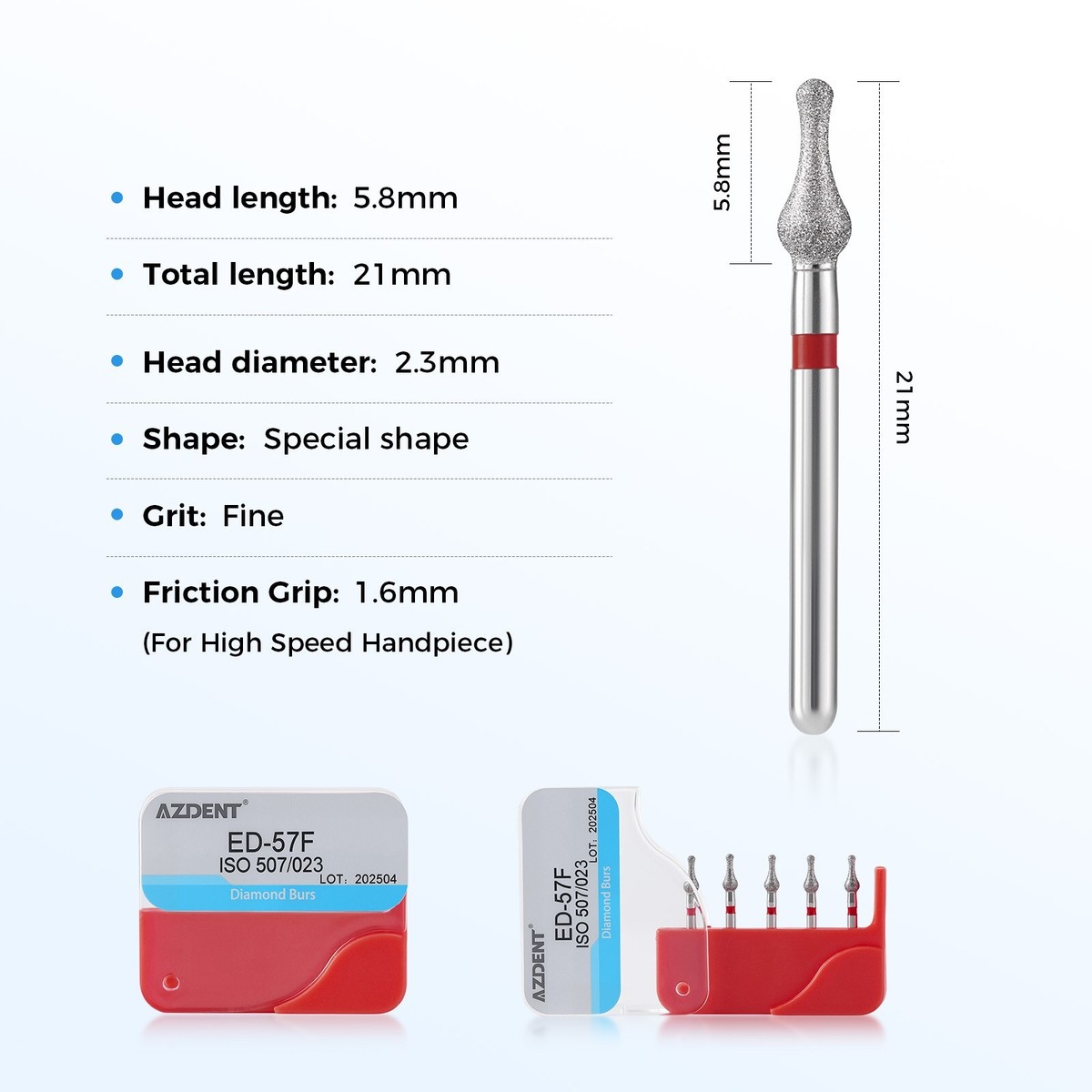 AZDENT Dental Diamond Burs 893/507-023 F/EF FG 1.6mm for High