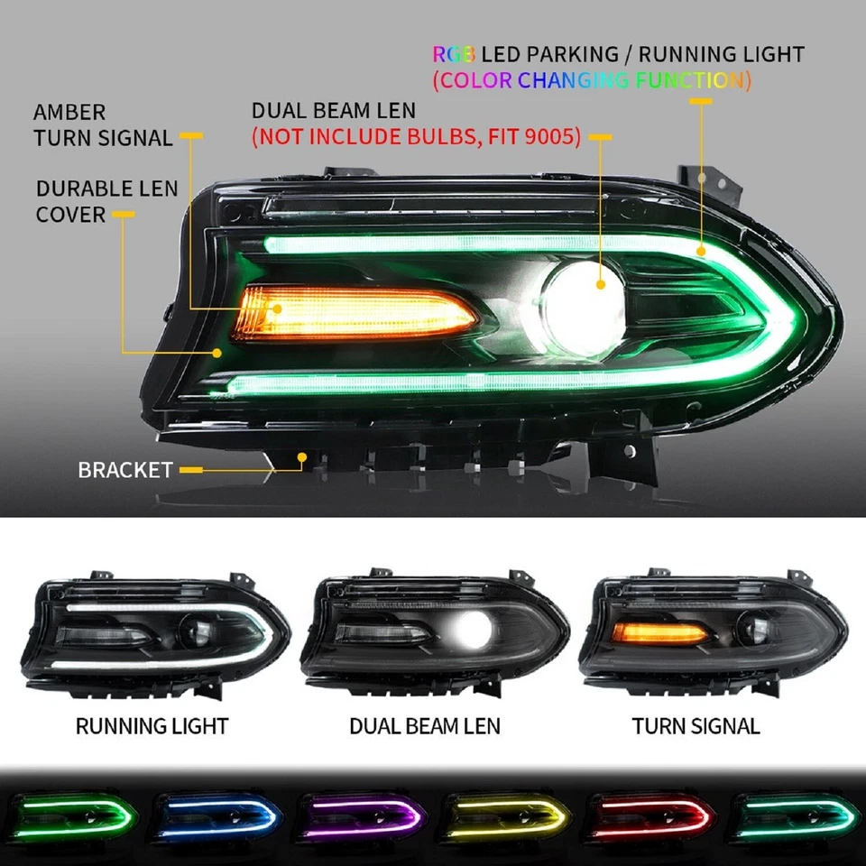 RGB Projector Headlights For 2015-2021 Dodge Charger With Color Changing System - Image 3 of 4
