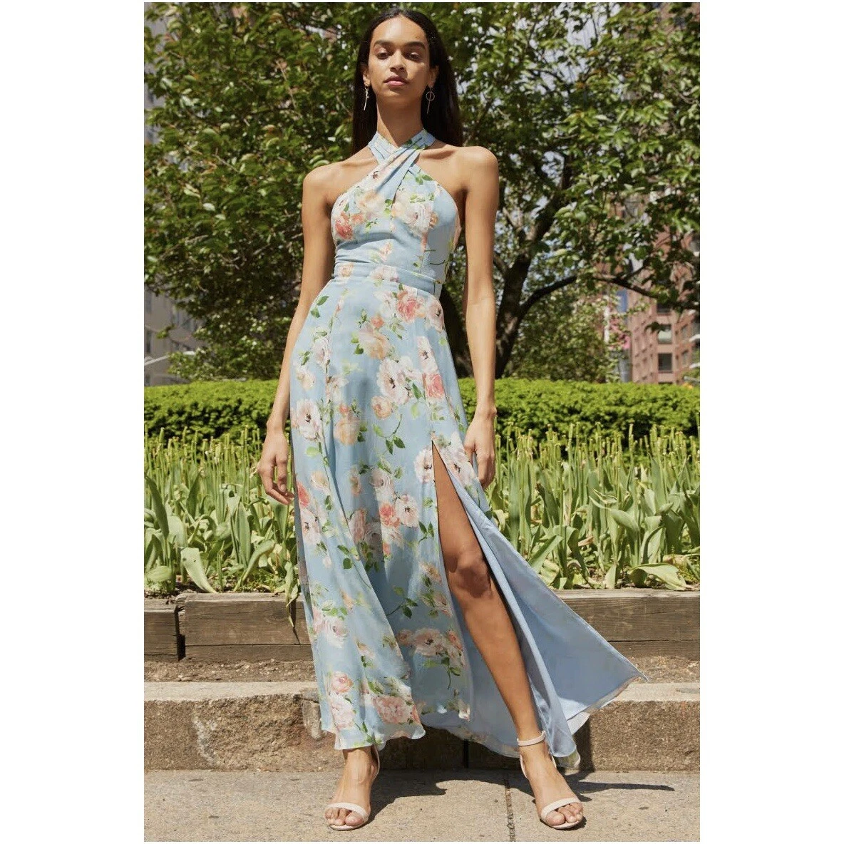 NWOT Yumi Kim Spencer Maxi Dress Blue Floral Halter Top Back Tie