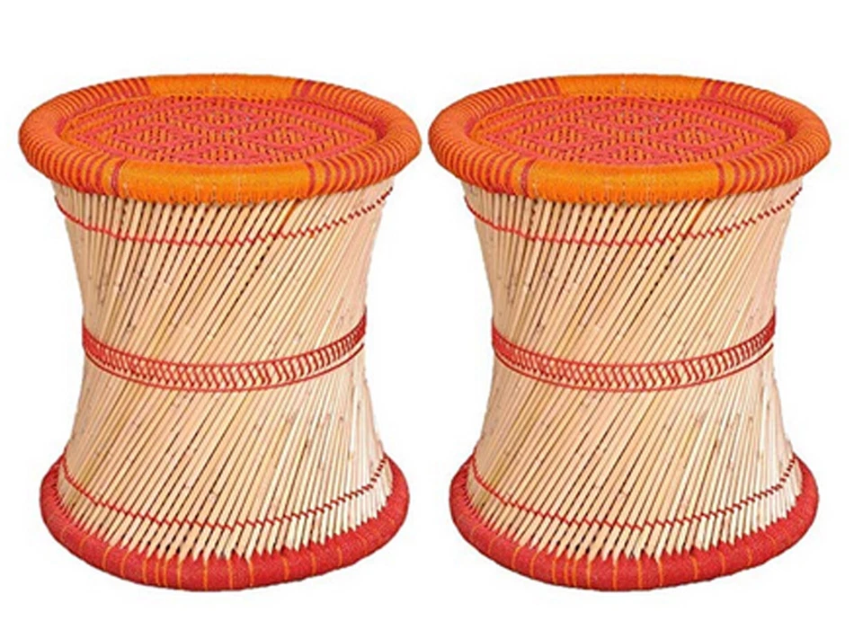 KSM Eco Friendly Cane Bar Bamboo Muddha Vintage Handmade Stool Orange Red 1piece - Image 2 of 3