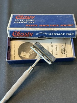 Vintage Christy Safety Razor w/ Massage Bar Original Box Made USA